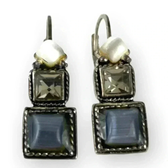 Rhinestone Square Trio Cabochon Silver Tone Metal Earrings 1.5" Jewelry - Picture 2 of 9